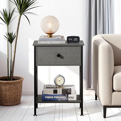 Image of VECELO Nightstand,Modern Bedside End Tables, Night Stand with Drawer and Storage Shelf for Living Room Bedroom, Industrial Metal Frame
