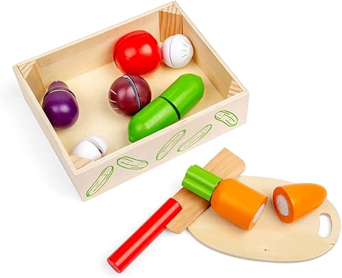 Bigjigs Toys Jaula de verduras de corte de madera con tabla de cortar y cuchillo - Juguetes de comida para jugar