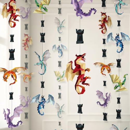 Cheerland Dragon Party Decorations Medieval Dragon Decoration Hanging Fire Wings Garland Geometric Fantasy Castle Streamer Banner Decoration Fantasy Birthday Renaissance Theme Backdrop Pack of 6