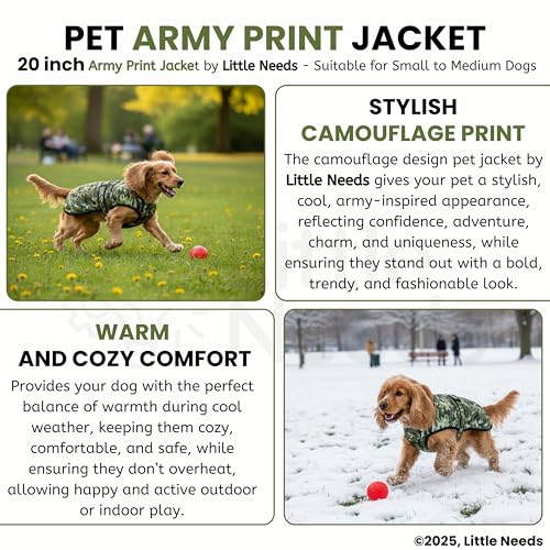 Image of Dog Jacket for Winter (Army Print, 20 Inch) | Camouflage Design, Waterproof & Windproof Polyester Coat with Fleece, Adjustable Velcro Closure, Warm Vest for Cold Weather