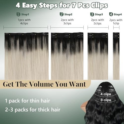Image of Ugeat Blonde Hair Extensions Clip in Ombre 20 Inch 7pcs 120g for Party | Clip in Human Hair Extensions , Natural Black Ombre Platinum Blonde , Hair Clip on Extensions Easy Application