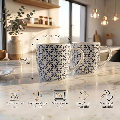 Image of UPC Coffee Mug Set of 6 | Black & White Geometric Tile Print | Circle Floral Lattice Pattern | Bone China Tea & Coffee Cups | Microwave Safe | Home & Kitchen