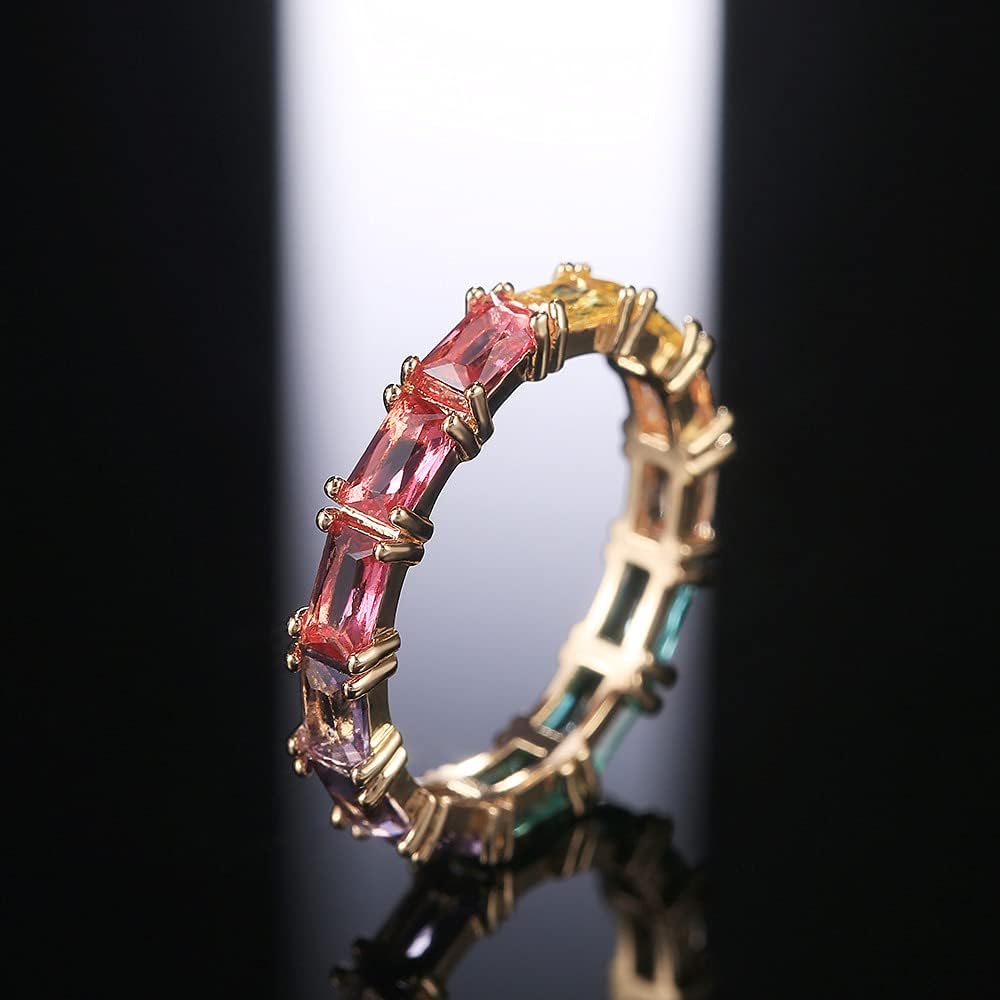 QUSIIOSLK 14K Gold Plated Rainbow Baguette Cubic Zirconia Ring Multicolor Square Crystal Eternity Finger Ring for Women Anniversary Birthday Jewelry Gift Size 6-10 8