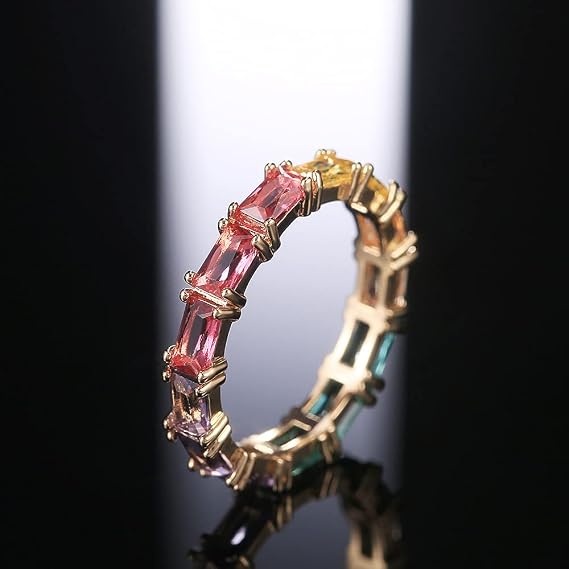 QUSIIOSLK 14K Gold Plated Rainbow Baguette Cubic Zirconia Ring Multicolor Square Crystal Eternity Finger Ring for Women Anniversary Birthday Jewelry Gift Size 6-10 6