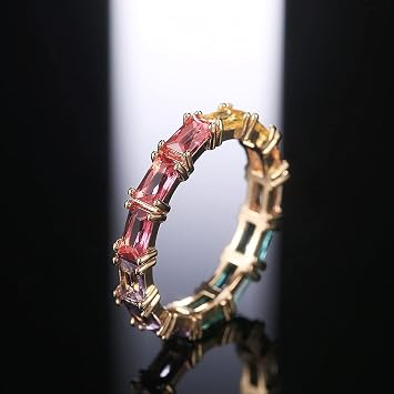 QUSIIOSLK 14K Gold Plated Rainbow Baguette Cubic Zirconia Ring Multicolor Square Crystal Eternity Finger Ring for Women Anniversary Birthday Jewelry Gift Size 6-10 6