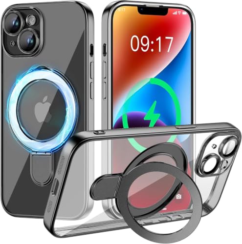 Image of Magnetic for iPhone 14 Case with Invisible Stand[Compatible with MagSafe][Full Camera Lens Protector][Military Drop Protection] Shockproof Not Yellowing Clear Slim Soft for Women Men