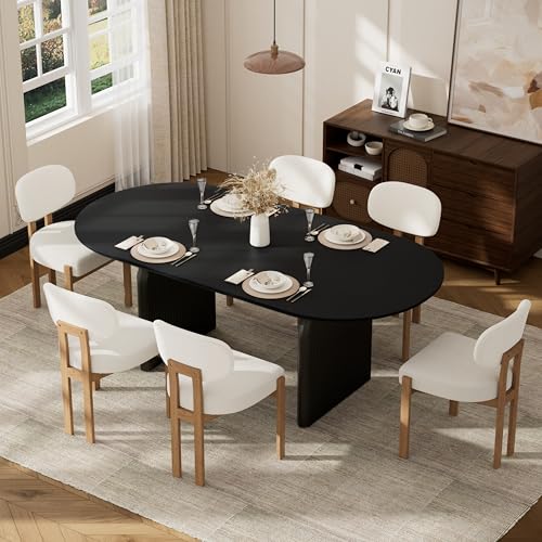 Image of 70-Inch Oval Dining Table Set with 6 Wood Dining Chairs, 7-Piece Dining Table Set with Chenille Chairs - Modern MDF Table (300lbs Capacity) & Comfortable Upholstered Seats for Home Dining
