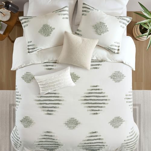 Image of Ink+Ivy Duvet Cover Set Chenille Tufted Geometric Duvet Cover for Queen Size Bed, All Season, Soft & Lightweight Cotton Rich Queen Bedding Cover & Shams, Tahli, Full /Queen Green /Ivory 3 Piece