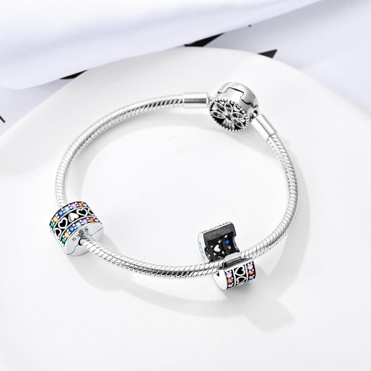 Parmuz Clip Spacer Charm for Bracelet 925 Sterling Silver Pave Cubic Zirconia Lock Stopper Bead Star Moon Evil Eye Jewelry Charm for Woman - Image 2