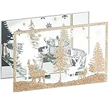 Festlicher Teelichthalter verziert mit Rentier / Hirsch und Weihnachtsbäumen in Gold Glitter