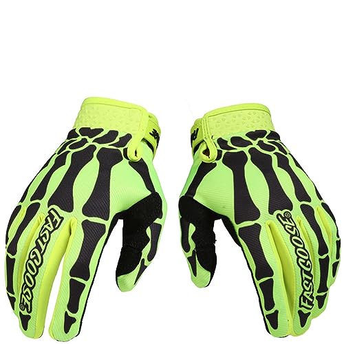 EXCEREY Skeleton Cool Motorcycle Bicycle Full Finger Off-Road Racing Gloves Outdoor Sports for Men Women & Mountaineering (Fluorescent Green, L)