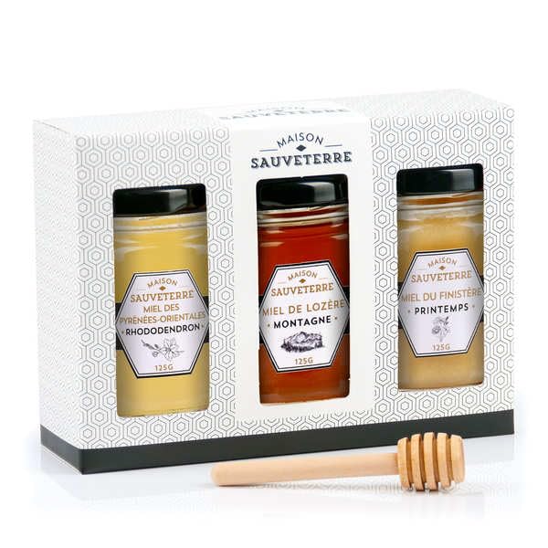 Coffret cadeau 3 miels de France et cuillère à miel - Coffret cadeau 3x125g