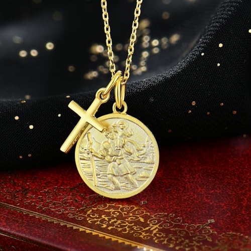 FJ 18ct Gold Plated Saint Christopher Pendant Necklace 925 Sterling Silver for Women Men Boys St Christopher Necklace and Cross Necklace with 18" Chain — photo 3