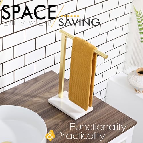 Image of KOKOSIRI Hand Towel Rack Standing Towel Bar with Steady Marble Base for Bathroom Vanity Countertop, Brushed Gold Stainless Steel 15.7'' Height THS0006-BG
