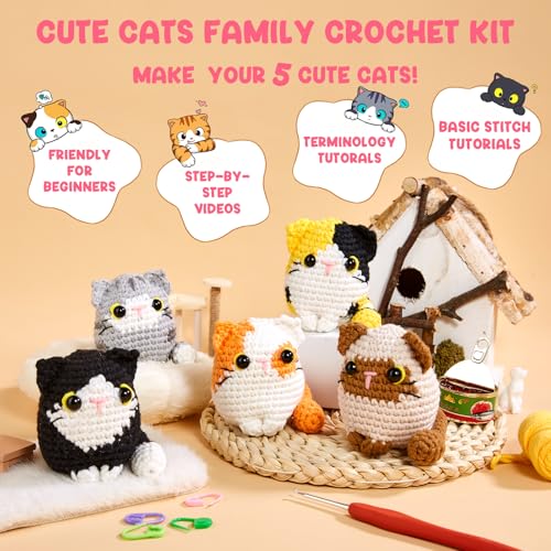Image of MAGIMUSE Crochet Kit for Beginners, 5 Cat Crochet Amigurumi Craft Kit | Includes Step-by-Step Video Tutorials, 40% More Yarn and DIY Crochet & Knitting Supplies for Beginner Animal Projects.