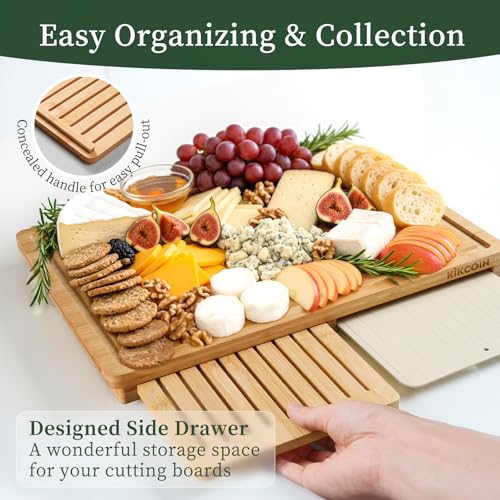 Kikcoin Bamboo Cutting Board Set with Defrosting Tray, Wood Cutting Boards for Kitchen with Deep Juice Grooves & Built-in Organizer Meal Prep Charcuterie& Chopping Board for Meat, Vegetables and Bread
