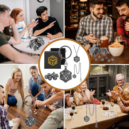 Miniatura 9 de Mini Set De Dados Dnd Con Llavero Portátil, Collar, Cadena Para El Bolsillo, Jaula Metálica Hueca D20 Dragón, Mini Set Poliédrico Metálico De 7 Piezas, Regalos D D Con Caja De Regalo, Plata Oscura