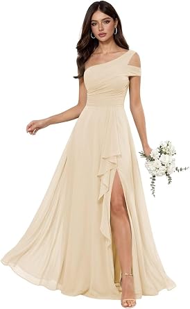 Womens One Shoulder Chiffon Bridesmaid Dress Ruffle A-Line Prom Evening Party Dress SEP002