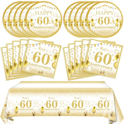41 PCS Gold Birthday Decorations 60th Party Tableware 1964 60th Theme Birthday Party Table Decoration Supplies Cheers to 60 Years Paper Plate Napkin Tablecloth for Men Women 60th Birthday Anniversary