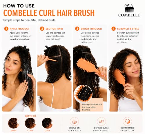 Image of Combelle 5-in-1 Curl Hair Brush | Vegan Boar Bristles | Bio-Based PLA Handle | Detangling, Defining & Frizz Control for Curly & Wavy Hair | For Men & Women - Peach Orange (Pack of 3)