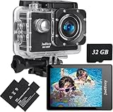 Jadfezy Camera Sport 1080P FHD avec Carte Mémoire 32GB,Etanche 30M Caméra d'action Grand Angle, avec Deux Piles Rechargeables 900 mAh Caméra Sport et kit d'accessoires（Nouveau 2026