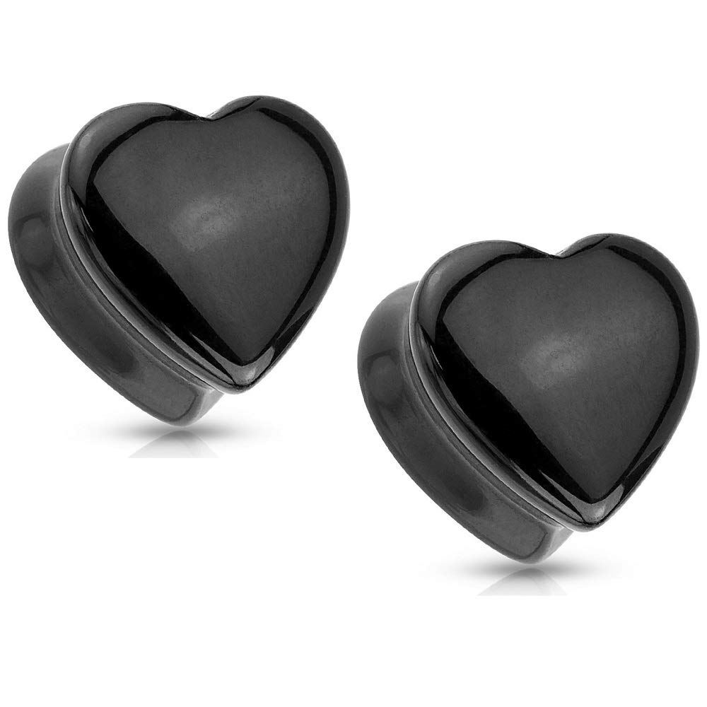 Pierced Owl - Natural Black Onyx Heart Shaped Saddle Plug Gauges, Sold As Pair