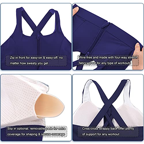 Image of Cordaw Zipper in Front Sports Bra High Impact Strappy Back Support Workout Top