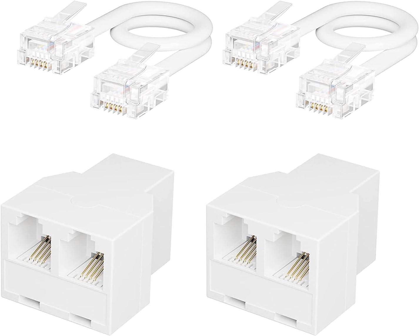 Uvital Phone Jack Splitter, Phone Line Splitter for Landline Telephone, RJ11 6P4C 1 Female to 2 Female Adapter, Comes with 4 Inch Cable(White,2 Pack)
