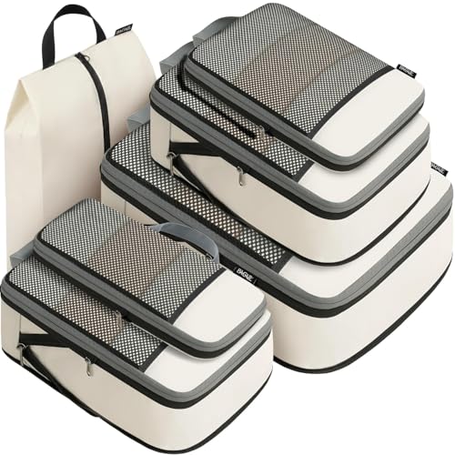 Image of BAGAIL 4 Set /6 Set /8 Set Compression Packing Cubes Travel Accessories Expandable Packing Organizers (Half Mesh, 6-Beige)