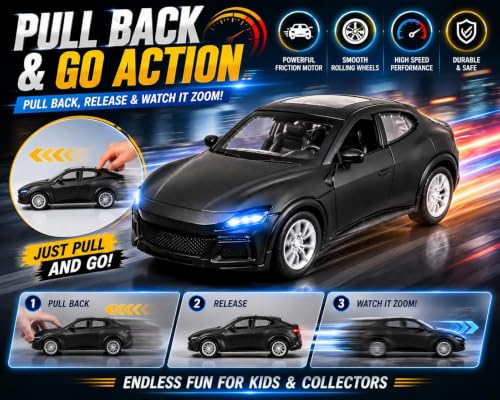Image of TEC TAVAKKAL 1:36 Scale Diecast Metal Toy Car with Openable Doors, Pull-Back Action, LED Lights & Music - Premium Mini Sports Car Model for Kids & Collectors (Porsche Black)