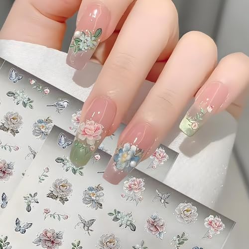 Flower Nail Stickers 2 Sheets 5D Embossed Self Adhesive Nail Art Stickers Embroidered Nail Accessories for Stunning Nail Designs and Artistic Nail Decorations Perfect for DIY Nail Art Manicure