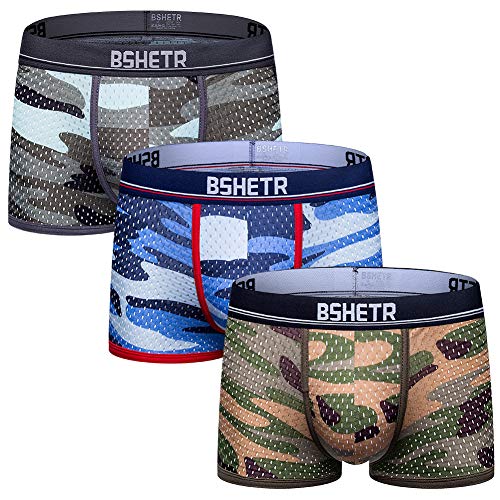 BSHETR Men's Underwear Trunks 3-Pack Camouflage Mesh Breathable Low Rise Multi Color Soft Boxer Shorts (Asian Size(3 Pack), XX-Large 36