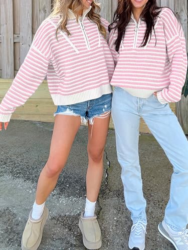 Image of ANRABESS Sweaters for Women Striped Half Zip Long Sleeve Ribbed Knit Pullover Comfy Casual Lightweight Tops 2026 Fall Fashion