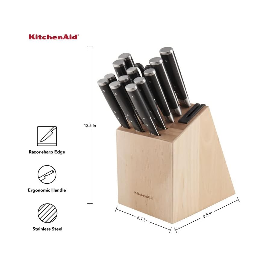 KitchenAid Gourmet Forged Triple Rivet Knife Block Set with Built-in Knife Sharpener, High Carbon Japanese Stainless Steel Kitchen Knives, Sharp Kitchen Knife Set with Block, Birchwood,14-Piece, Black