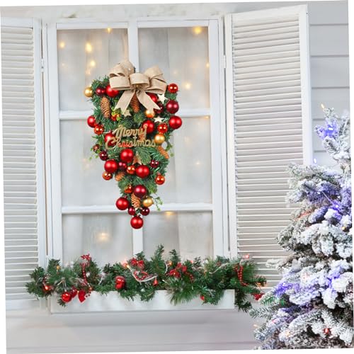 Couronne de Noël larme抗褪色无落叶装饰，带大红蝴蝶结与挂球