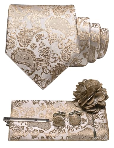 JEMYGINS Corbata para hombre Paisley con pañuelo de bolsillo, alfiler de corbata con flor y gemelos, Caqui., M
