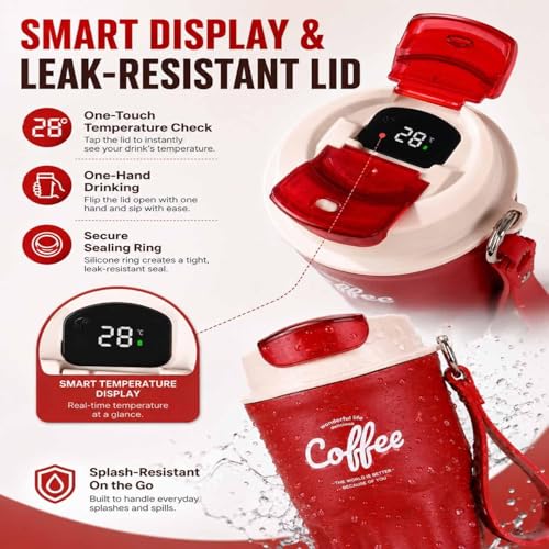 Image of GDSAFS Coffee Vacuum Flask, 12 OZ Insulated Coffee Travel Mug with Led Digital Temperature Display, Coffee Travel Mug Spill Proof with Carry Cord for Keep Hot /Ice Coffee,Tea and Beer (2pcs-smart-b)