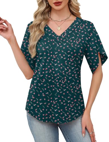 Image of WIHOLL Womens Summer Tops Short Petal Sleeve Shirts Fashion V Neck Womens Clothing