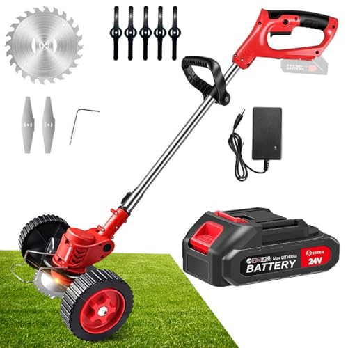 Saker 24V Cordless Weed Wacker, Electric Grass Trimmer Weed Eater with 1 Battery, 3-in-1 Lightweight Brush Cutter/Lawn Mower/Edger with Wheels & 3 Types of Blades for Lawn, Garden & Yard Care(Red)