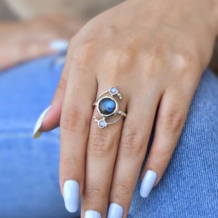 Rainbow Moonstone Labradorite Rings for Women Vintage Silver Rings Blue Gemstone Rings Boho Statement Ring Jewelry Wedding Promise Rings Size 6, 7, 8, 9, 102