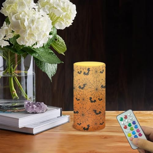 Image of Poceacles Spider Web Bat Orange Gradient Halloween Flameless Candle Electric LED Lights with Timer Remote Color Lights, 3 AAA Batteries Operated (Not Include) Tealight for Home Indoor Decor