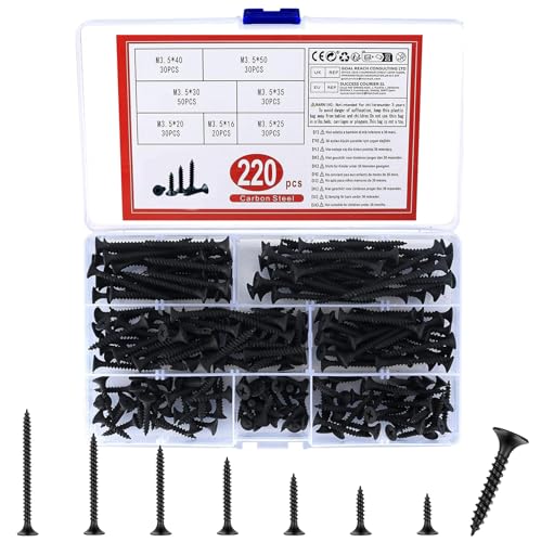 220 Pcs Self Tapping Wood Screws M3.5 Black Flat Cross Head Self Drilling Drywall Machine Screws Assortment Kit for Drywall Furniture Wood Screw - 16mm/20mm/25mm/30mm/35mm/40mm/50mm