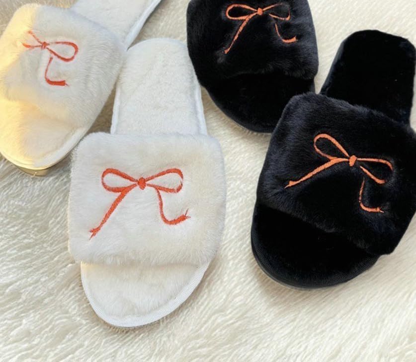 Furry Bow Knot Slippers for Women Open Toe Warm Fleece Lined Winter Slippers House Shoes Indoor Outdoor4