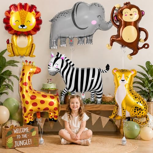 Image of Rozi Decoration Safari Animal Foil Balloons Set for Birthday Decoration, Pack of 6 Jungle Theme Helium Balloons with Lion Elephant Monkey Zebra Giraffe Tiger Design for Kids Baby Shower Party Supplies