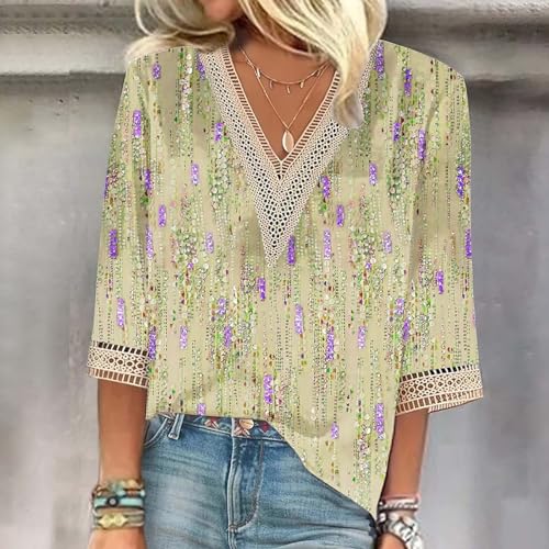 FOCLMP Women 2024 Summer Tops Trendy Lace Trim Short Sleeve Blouses Tops V Neck Tunic Shirt Dressy Casual Vacation Clothes Womens Summer Tops Yellow L