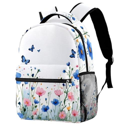 Sac à dos école primaire bleu et rose aux motifs fleurs sauvages et papillons pour fillette