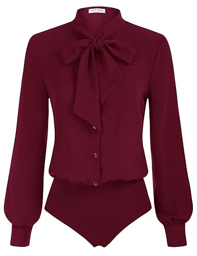 Kate Kasin Women Bow Tie Neck Office Blouse Button Down Long Sleeve Bodysuits Blouse Top - Large - Wine Red