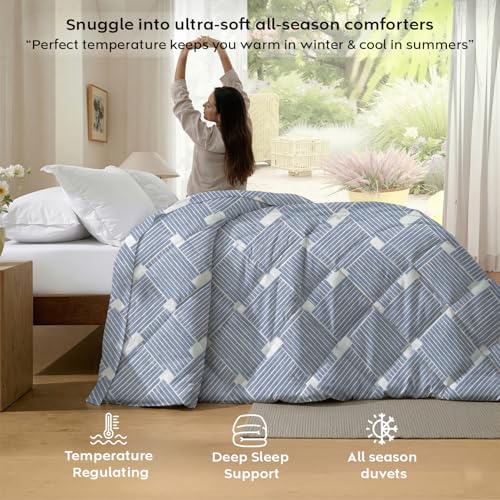 Image of AYKA Reversible AC Comforter 150 GSM Microfiber Summer Blanket Double Bed (90x100 Inches) | Checked Design Cooling Quilt for AC Room | Soft Breathable Duvet Medblue & White
