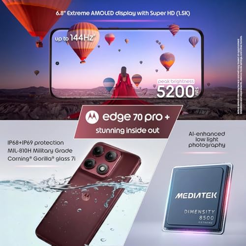 Image of Motorola Edge 70 Pro+ 5G (Satin-Luxe Pantone Zinfandel Maroon, 12GB RAM, 256GB Storage) | Dimensity 8500 Extreme Processor | 50MP + 50MP + 50MP Triple AI Camera |6.8 inch FHD+ pOLED Display|