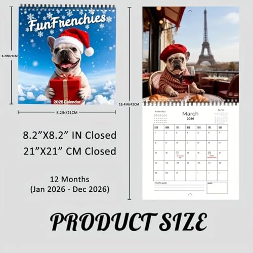 Weqizuerqi Wandkalender 2026 | Monatliches Dickes Papier Mit Notizen,Französische Bulldogge Kalender 2026 Planer | Für Akademische Termine Home Office Schulwohnheim Familie Schüler Lehrer Weihnachten